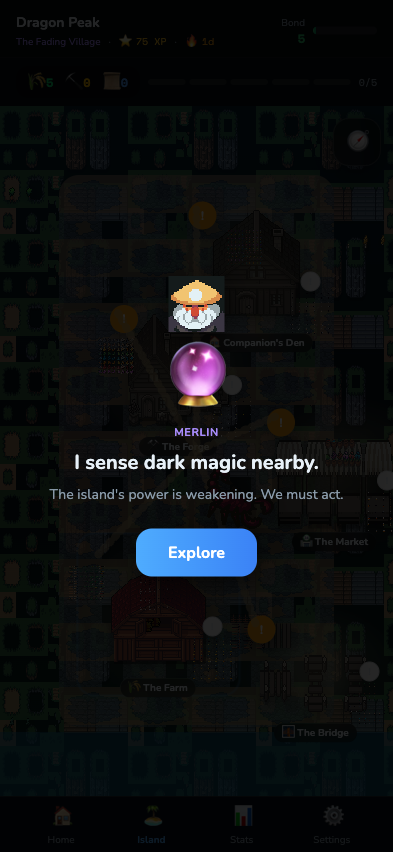 Island game board with zones, companions, and Merlin the wizard tutor